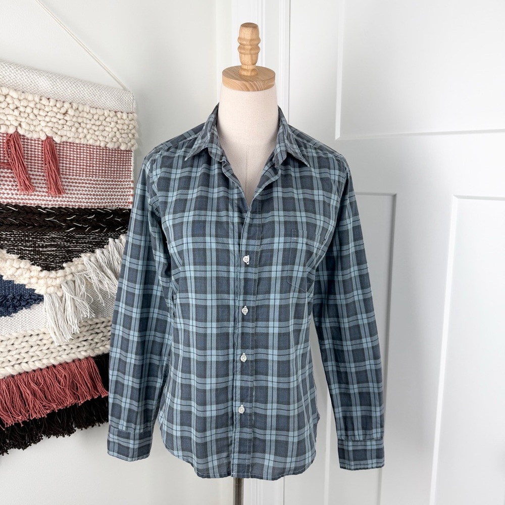 Frank & Eileen Barry Tailored Button Up Plaid Shirt Blue Grey Size S
